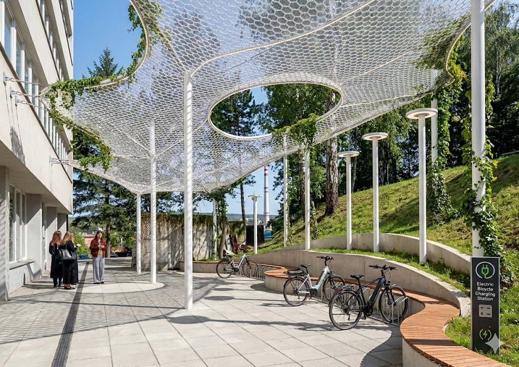 A covered bicycle parking design inspired by the natural process of mushroom growth and reproduction.